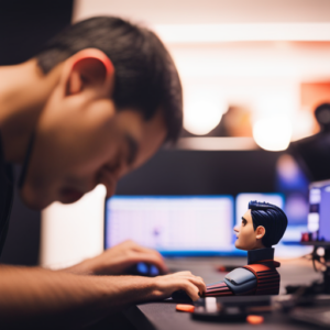 An image of a digital animator working on a detailed character model for a video game, with a background of a bustling game development studio filled with designers and programmers collaborating on various projects