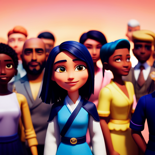 An image of a diverse group of animated characters from different cultural backgrounds, each with unique clothing, hairstyles, and facial features, gathered in a vibrant and inclusive setting