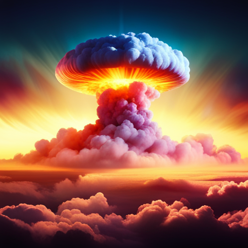 An image of a detailed 3D animation of a nuclear explosion, with vibrant colors and realistic smoke and fire effects, set against a dark, apocalyptic backdrop