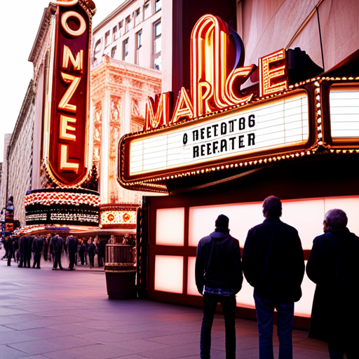 An image that depicts a traditional movie theater marquee with a line of people waiting to enter, while in the background, a streaming service logo is displayed on a large billboard