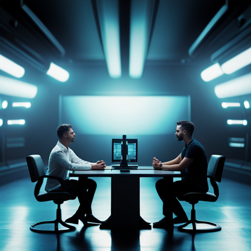 An image of a futuristic, sleek editing studio with advanced AI technology seamlessly blending together animated characters and environments