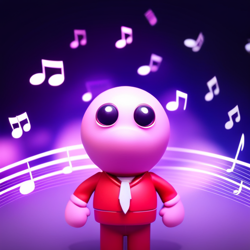 An image of a cartoon character surrounded by musical notes and sound waves, with a vibrant and dynamic color palette
