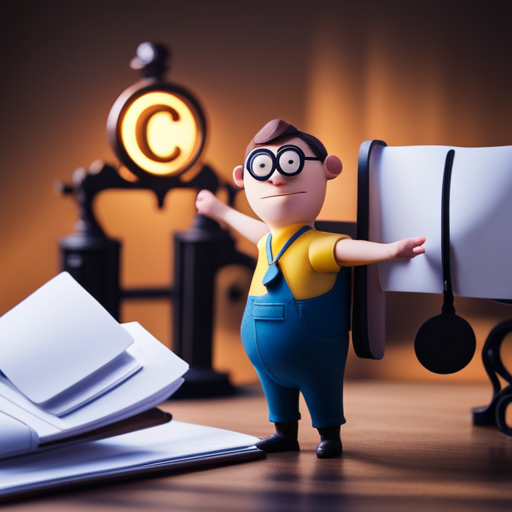 An image showing a cartoon character with a copyright symbol and a licensing agreement, surrounded by legal documents and a scale to represent the balance between creator rights and usage permissions